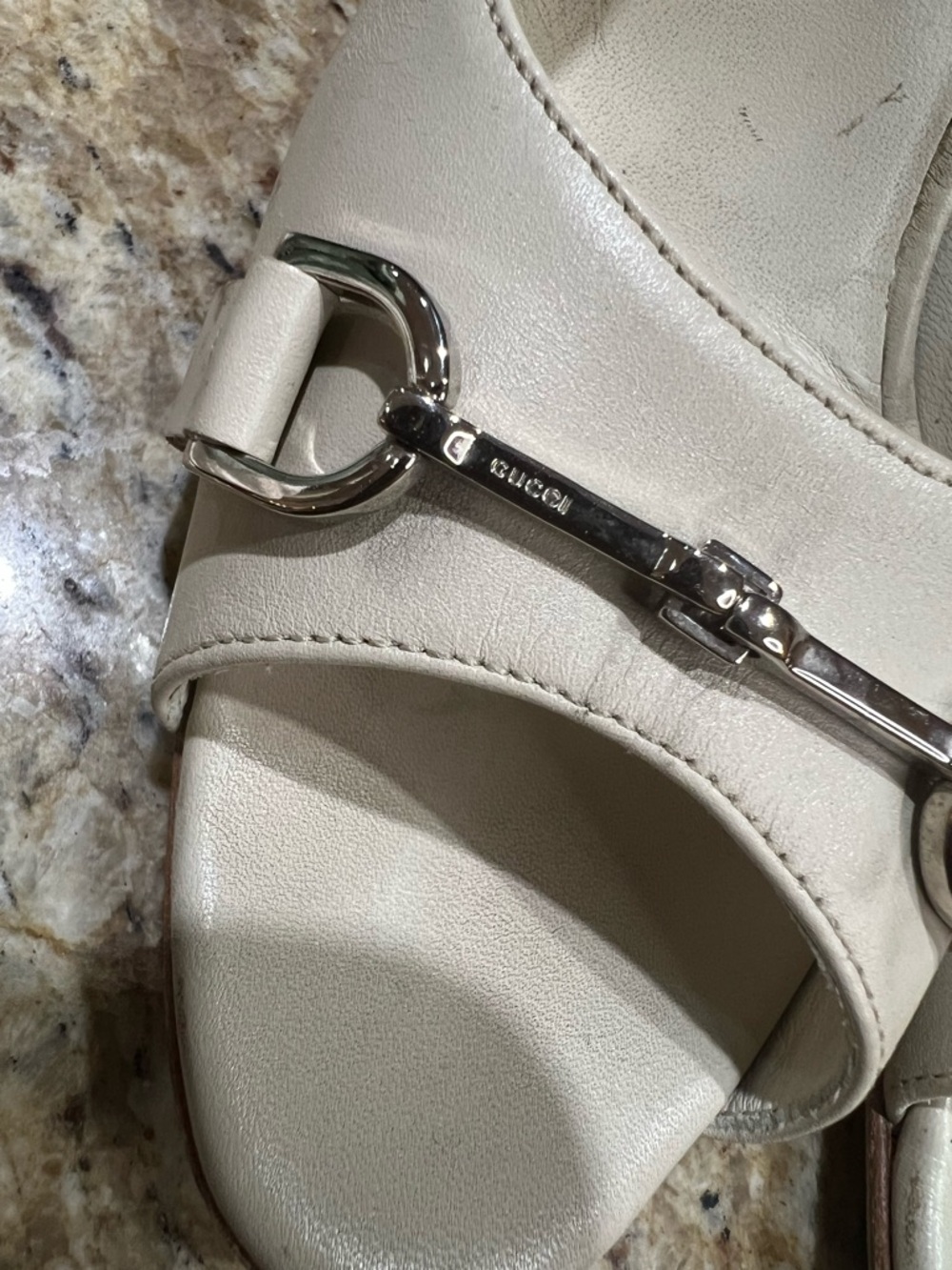 GUCCI Horsebit Silver Accent Cream Peep-Toe Stiletto Heels 40 - Picture 5 of 13